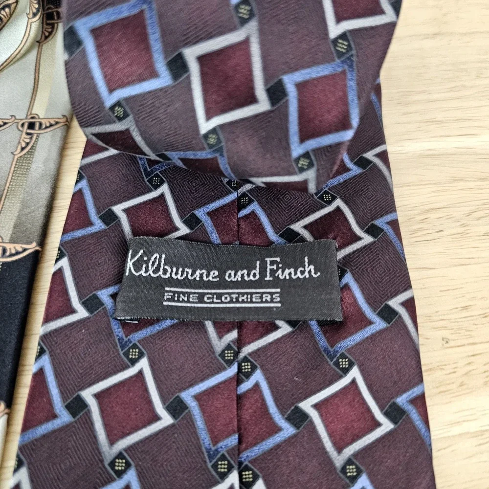 Kilburne‎ & Finch Mens Necktie Tie Lot 2 Gold Black Burgundy Blue Geometric Silk